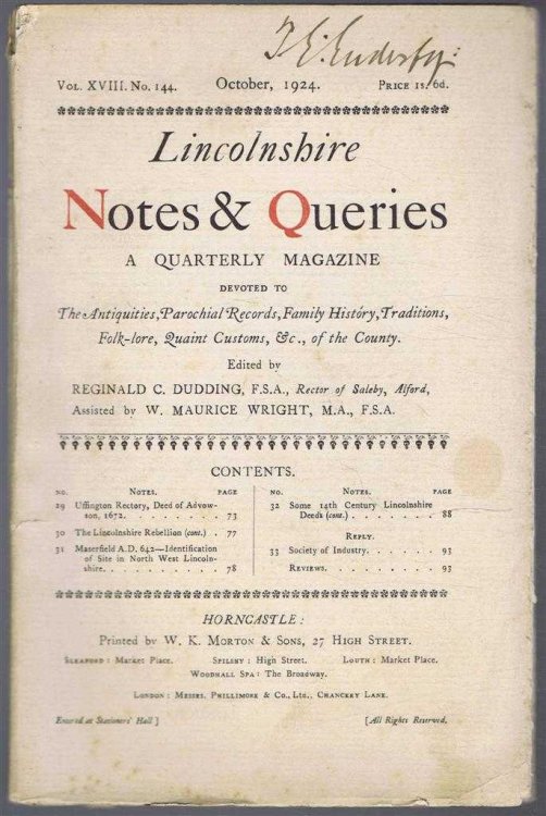 Image for Lincolnshire Notes and Queries, A Quarterly Magazine, Vol XVIII, No. 144, October 1924 Lincolnshire Notes and Queries, A Quarterly Magazine, Vol XVIII, No. 144, October 1924
