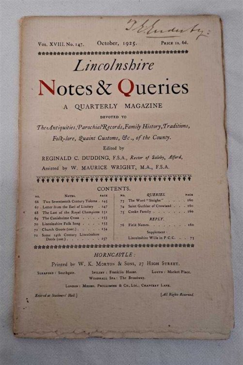 Lincolnshire Notes and Queries, Vol XVIII, No 147, October 1925