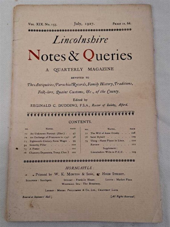 Lincolnshire Notes and Queries, Vol XIX No 155, July 1927