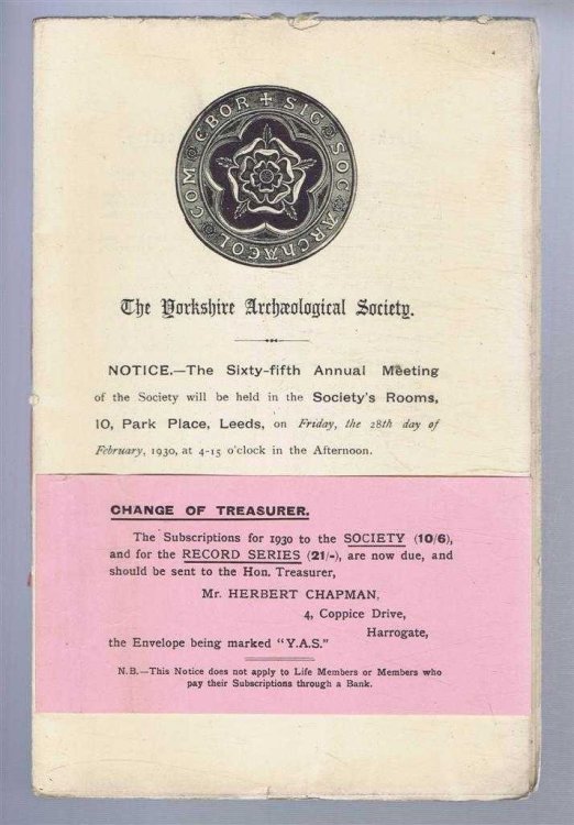 The Yorkshire Archaeological Society, Notice - The Sixty-fifth Annual Meeting
