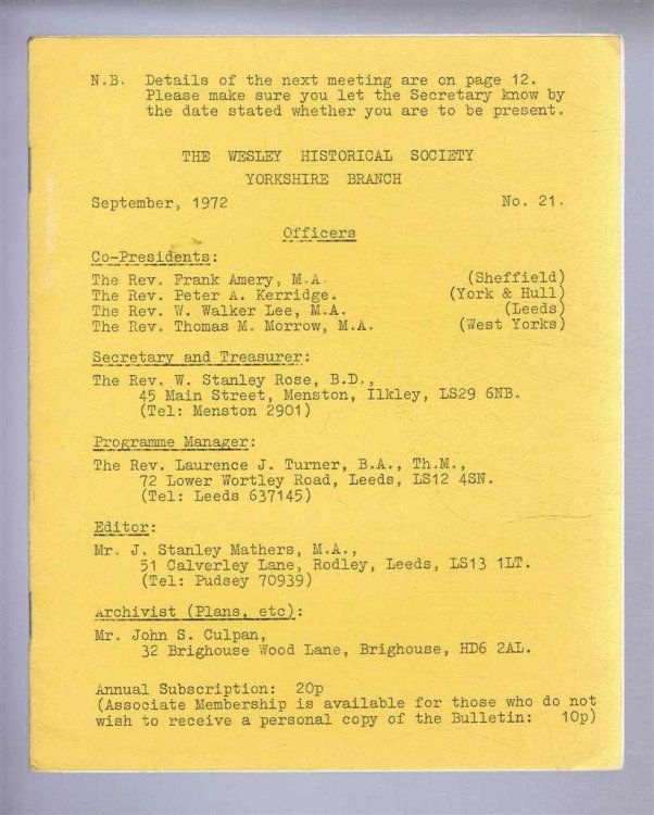 The Wesley Historical Society - Yorkshire Branch. No. 21. September 1972