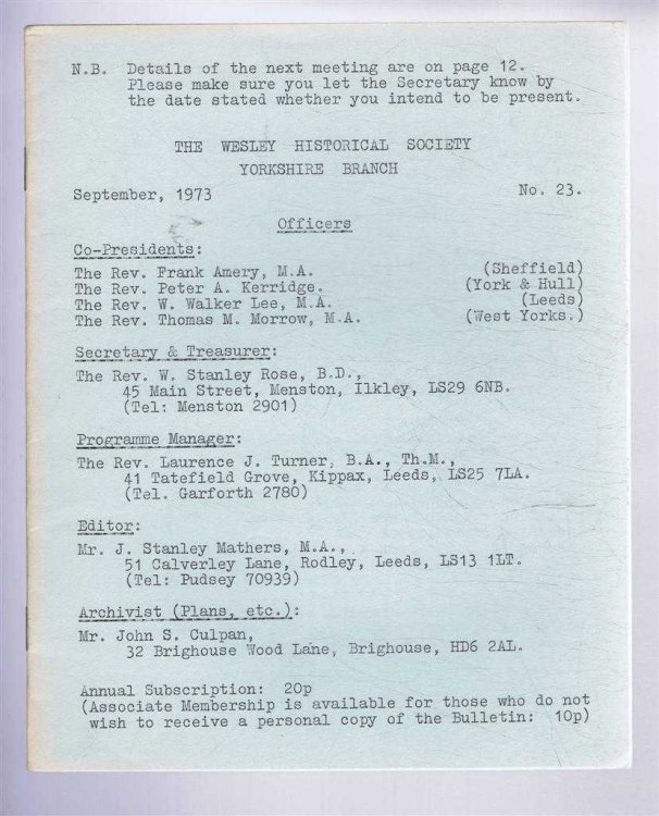 The Wesley Historical Society - Yorkshire Branch. No. 23. September 1973
