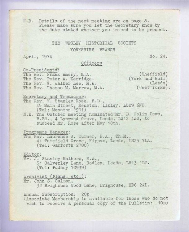 The Wesley Historical Society - Yorkshire Branch. No. 24. April 1974
