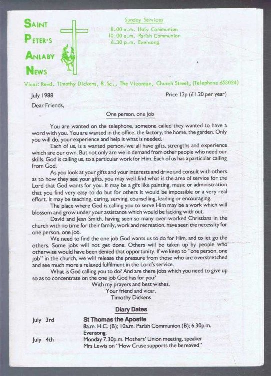 Saint Peter's Anlaby News & York Diocesan Leaflet - July 1988