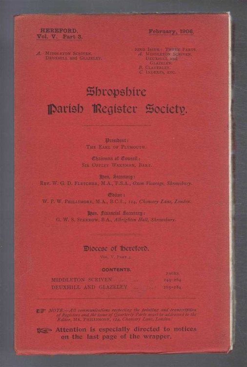 Shropshire Parish Register. Diocese of Hereford. Volume V, Part 3. February 1906. Middleton Scriven and Deuxhill & Glazeley