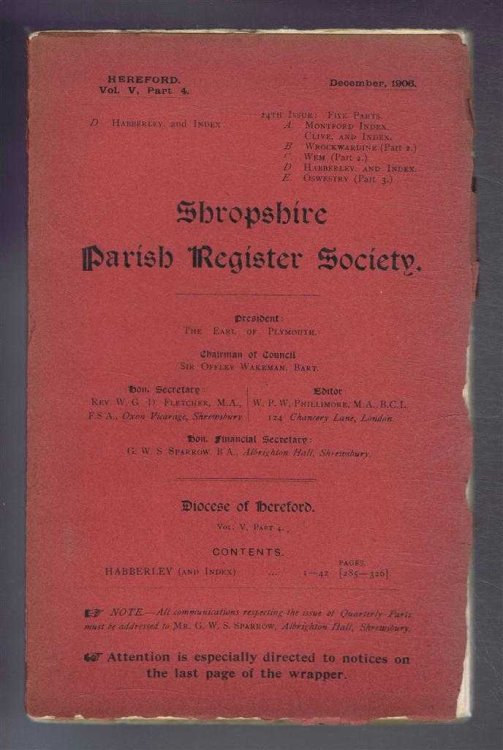 Shropshire Parish Register. Diocese of Hereford. Volume V, Part 4. December 1906. Habberley