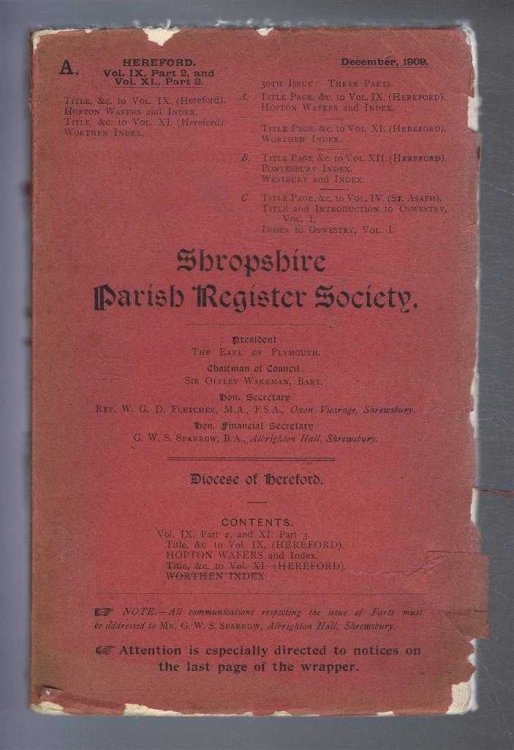 Shropshire Parish Register. Diocese of Hereford. Volume IX, Part 2 & Volume XI, Part 3. December 1909. Hopton Wafers 1660 to 1812; Index