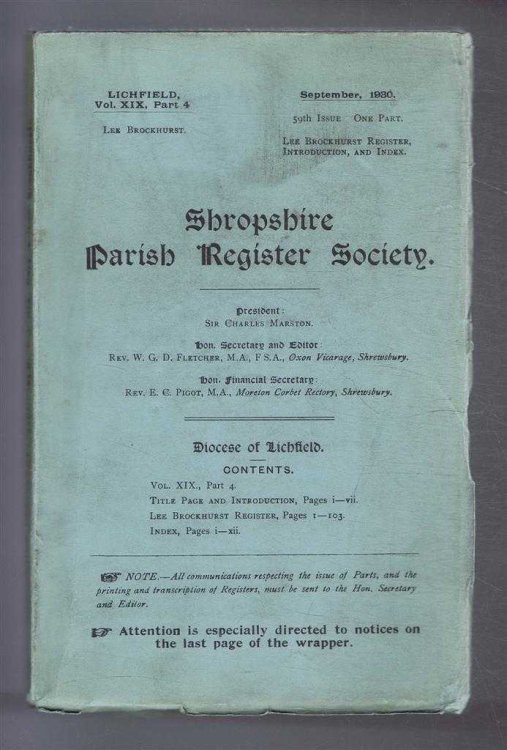 Shropshire Parish Register. Diocese of Lichfield. Volume XIX, Part 4. September 1930. Lee Brockhurst & Index