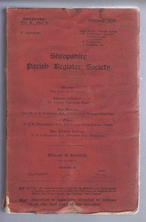 Shropshire Parish Register Society, February 1906, 22nd Issue. Diocese of Hereford, Volume X Part 2, Claverley, Pages 161-423