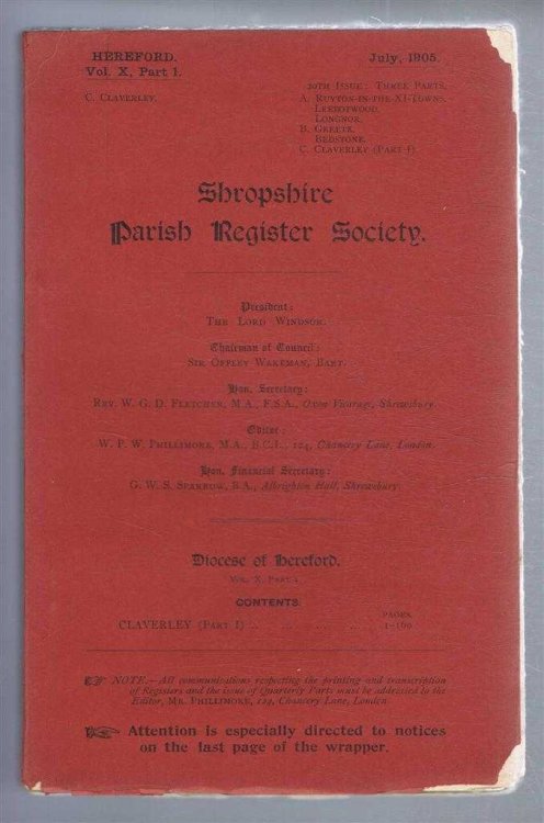 Shropshire Parish Register Society, July 1905, 20th Issue. Diocese of Hereford, Volume X Part 1, Claverley, Pages 1-160