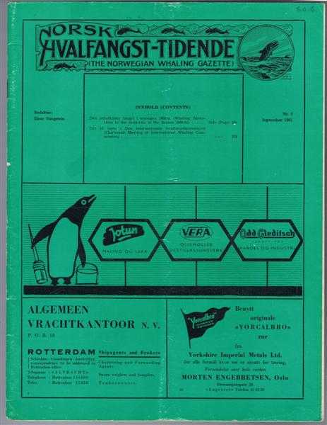 Norsk Hvalfangst-Tidende (The Norwegian Whaling Gazette), Organ For the International Association of Whaling Companies, Nr. 9, September 1961