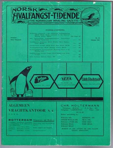 Norsk Hvalfangst-Tidende (The Norwegian Whaling Gazette), Organ For the International Association of Whaling Companies Nr 10, Oktober 1961