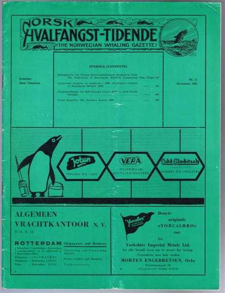 Norsk Hvalfangst-Tidende (The Norwegian Whaling Gazette), Organ For the International Association of Whaling Companies Nr. 11 November 1961