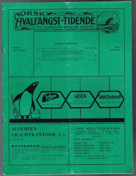 Norsk Hvalfangst-Tidende (The Norwegian Whaling Gazette), Organ For the International Association of Whaling Companies, Nr. 8 August 1961
