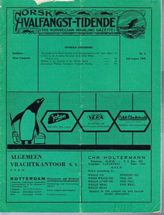 Norsk Hvalfangst-Tidende (The Norwegian Whaling Gazette), Organ For the International Association of Whaling Companies, Nr 4 Juli/August 1968