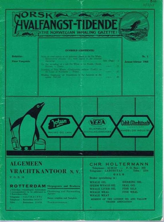 Norsk Hvalfangst-Tidende (The Norwegian Whaling Gazette), Organ For the International Association of Whaling Companies. Nr 1. Januar/februar 1968