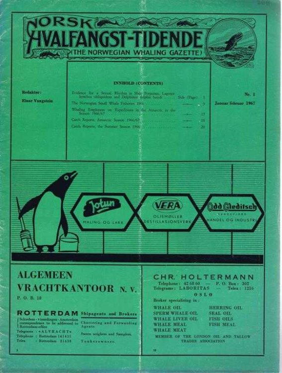 Norsk Hvalfangst-Tidende (The Norwegian Whaling Gazette), Organ For the International Association of Whaling Companies. Nr 1 Januar/februar 1967