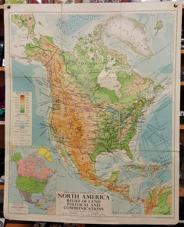 Philips' Comparative Wall Atlas of North America - Relief of Land, Political and Communications