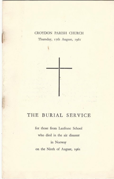 The Burial Service for those from Lanfrac School who died in the air disaster in Norway on the Ninth of August, 1961 - Croydon Parish Church, Thursday, 17th August, 1961.