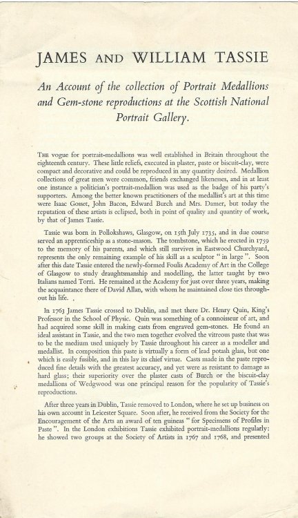 James and William Tassie - An Account of the Collection of of Portrait Medallions and Gem-Stone Reproductions at the Scottish National Portrait Gallery