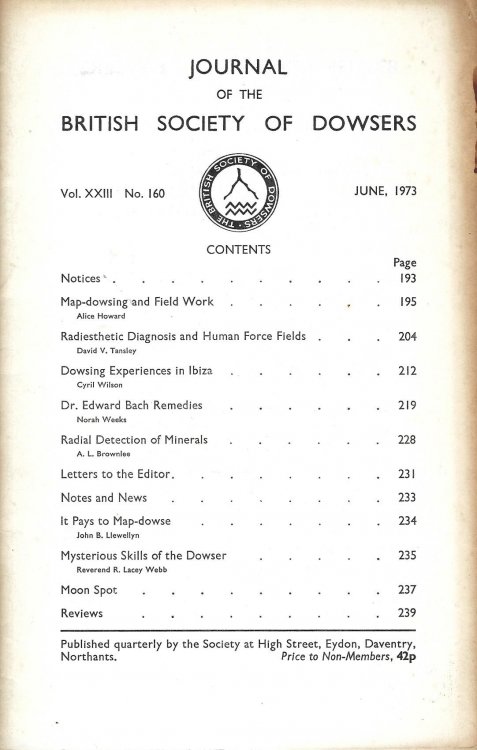 Journal of the British Society of Dowsers. Vol XXIII, No. 160, June 1973
