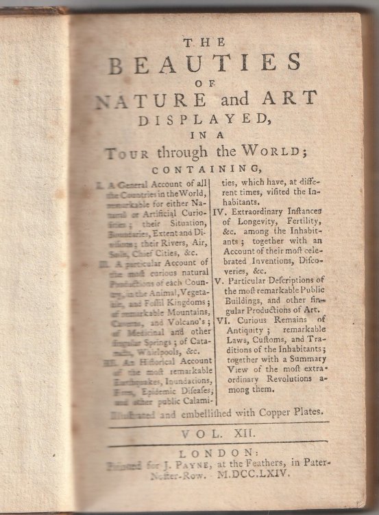 The Beauties of Nature and Art Displayed, In a Tour Through the World.Illustrated and Embellished with Copper Plates [Volume XII only]