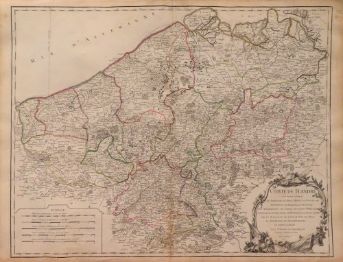 Comte de Flandre ou se trouvent distingues les Bailiages de Berg St. Winox, de Furnes, de Bourbourg, de Bailleul, et de Douay, les Chatellenies de Cassel, de Lille, d'Ypres, de Courtray, d'Oudenarde, le Tournesis, le Franc-de-Bruges, le Burgraviat de Gand , le Pays de Waes, la Seigneurie de Dendermo