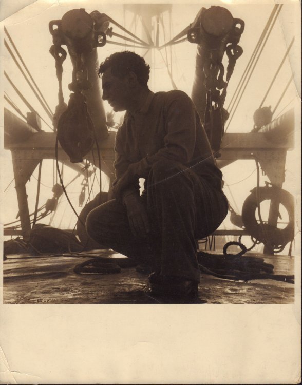 Original folio gelatin silver photograph of Elia Kazan aboard freighter.