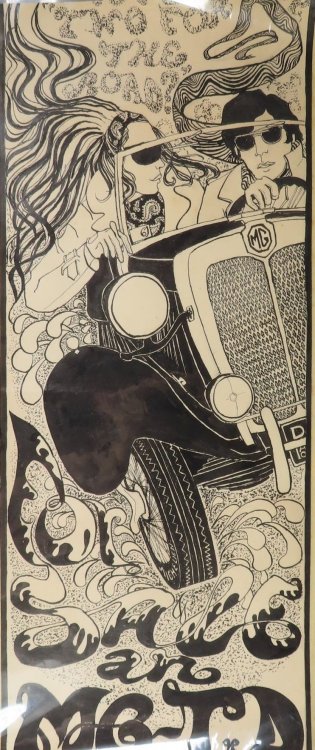 Drawing, Ink on paper, Couple driving black MG MG-TD classic car.