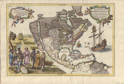Repraesentatio Americae borealis cuius provinciae vera fide illuminatae umbram non habent, reliquie umbris immersae sunt.