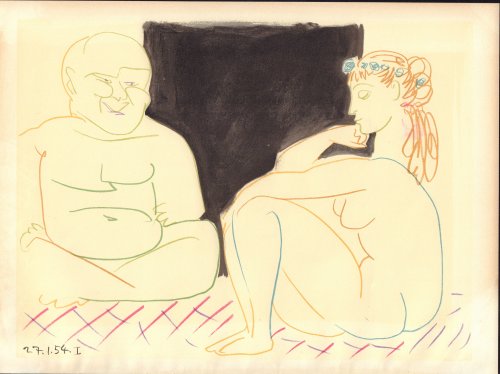 Picasso and the Human Comedy, Original Lithograph of Artist & Model in the Nude with black background.