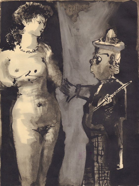 Picasso and the Human Comedy, Original Lithograph of Model and Artist with Hat.