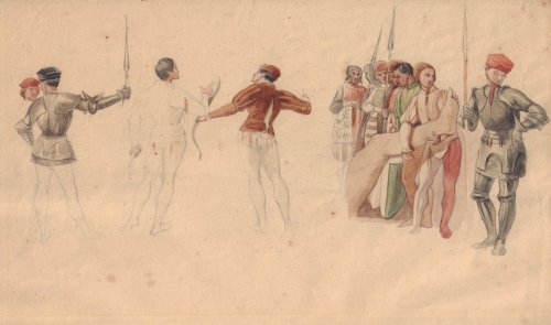 [Watercolor sketch of Figures in Armor and Medieval clothes]