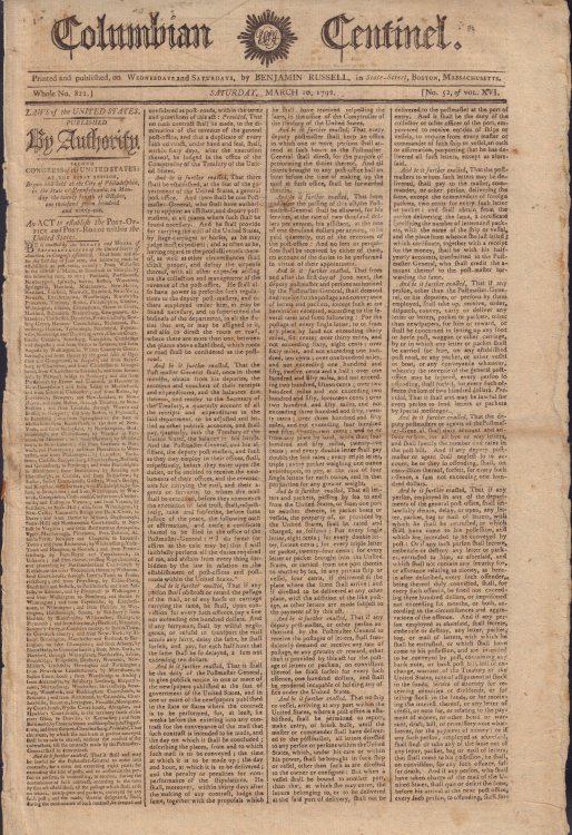 Columbian Centinel, Vol. XVI, No. 52; Saturday, March 10, 1792. Whole number 822. An Act to establish the Post-Office and Post-Roads within the United States