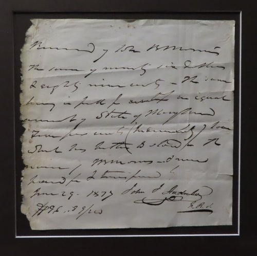 Autographed receipt signed: Received of John B Morris the sum of ninety six dollars & eighty nine cents The same being in full xxxxx of an equal amount of State of Maryland Four per cents (Indemnity) Some what has & in the name of JB Morris & now paid for & transferred by June 29. 1837 John J Audubo