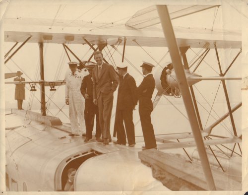 Original silver gelatin photograph of Lindbergh inspecting a Sikorsky S-42 Pan Am Clipper.