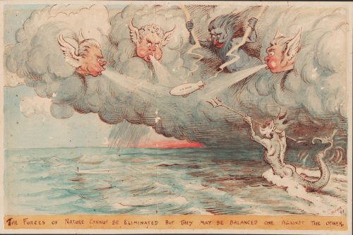 Cartoon of U.S. Navy airship buffeted by the Forces of Nature.