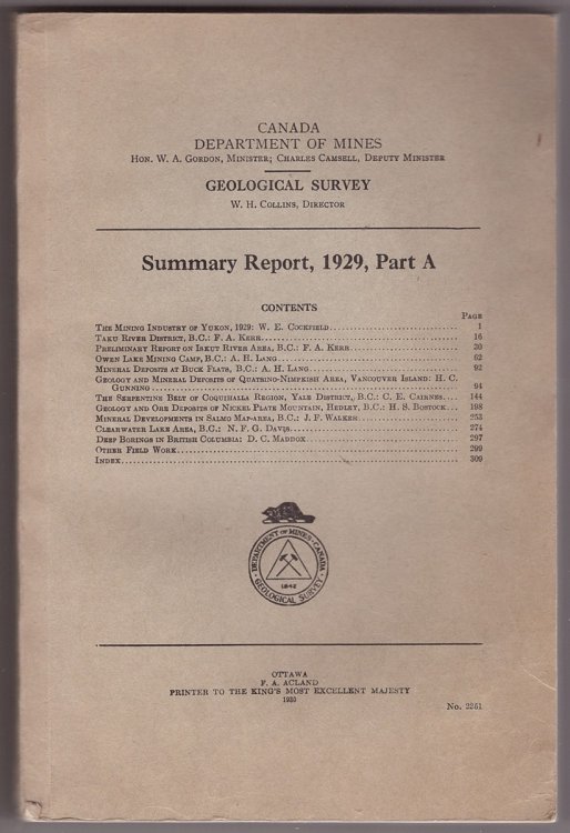 Canada Department of Mines Geological Survey Summary Report, 1929, Part A