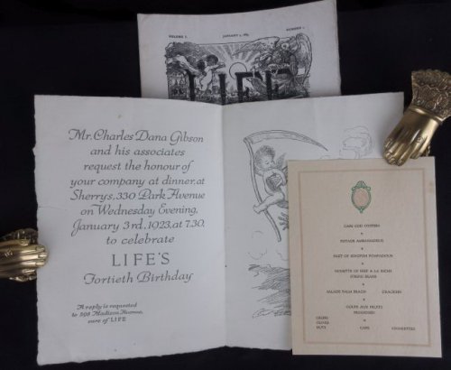 Life Magazine 40th Anniversary Party Invitation to Sherry's January 3rd, 1923, with Menu, 2 Charles Dana Gibson Illustrations