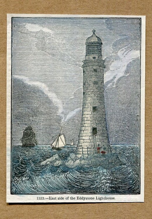 Antique Hand Tinted Engraving: East Side of the Eddystone Lighthouse. Illustration for Knight's Pictorial Gallery of Arts