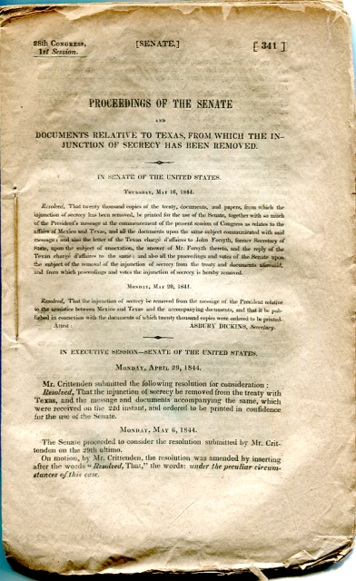 Proceedings of the Senate and Documents Relative to Texas, from which the Injunction of Secrecy Has Been Removed