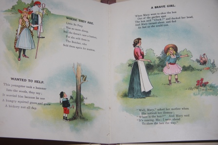 Salesman's Sample Catalogue for American Book and Bible House, with six front boards (and some text) including The Bandit Bunny Alphabet and Other Stories, The American Book of Kindergarten Painting Plays and Home Entertainment Illustrated, Child Life in all Nations or The Earlington's Trip Around t
