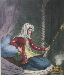 [Print] European Woman in Exotic Ottoman Dress and with a Hookah Pipe, Amidst Cushions, Drapes, etc.