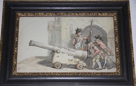 Framed Original Watercolor Painting of Three Red-Coated Soldiers Loading a Cannon