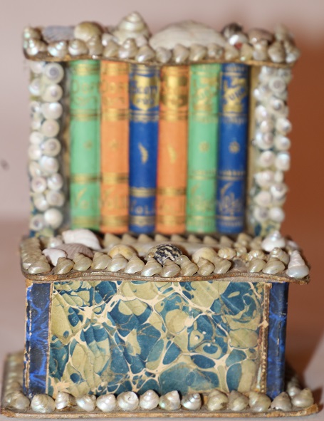 Folk Art Miniature Secretary Made of Shells, Faux Book Spines and Marbled Paper and Functioning as a Box
