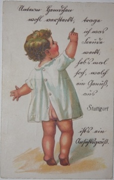 Postcard from Stuttgart Featuring an Infant with Crayon and Wearing a Smock with a Flap Pull-up, under which is a pull-out leporello of city views