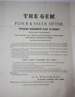 The Gem Flour & Sauce Sifter. The Best in Use! Wells' Patent. For Sale by All First-Class Dealers in Hardware and House Furnishing Goods
