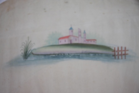 Eighteenth Century Gouache French Fan Design Depicting Monastery on Island