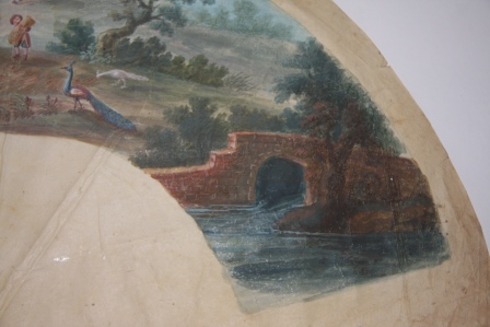 Eighteenth Century Gouache French Fan Design of a Bucolic Setting, with Peasants, a Peacock and Other Fowl, and a Brick Ruin by Water
