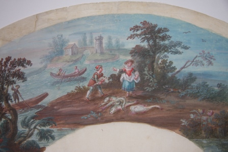 Eighteenth Century Gouache French Fan Design of a Bucolic Island Setting, Young Fisherman, Maiden, Gondolas, Tower in Distance